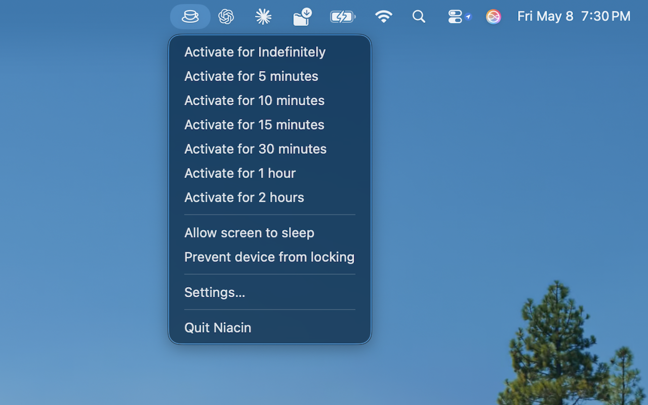 Niacin menu showing duration options from 5 minutes to indefinitely.