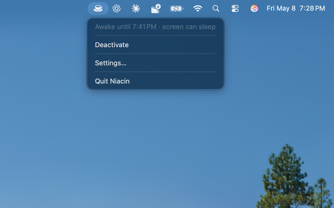 Niacin menu bar showing an active session with options to deactivate or open settings.