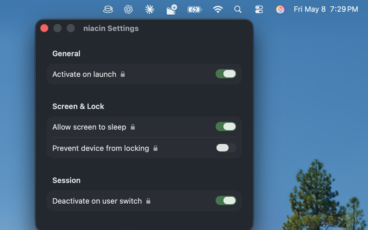 Settings window with toggles for activate on launch, allow screen to sleep, prevent device from locking, and deactivate on user switch.