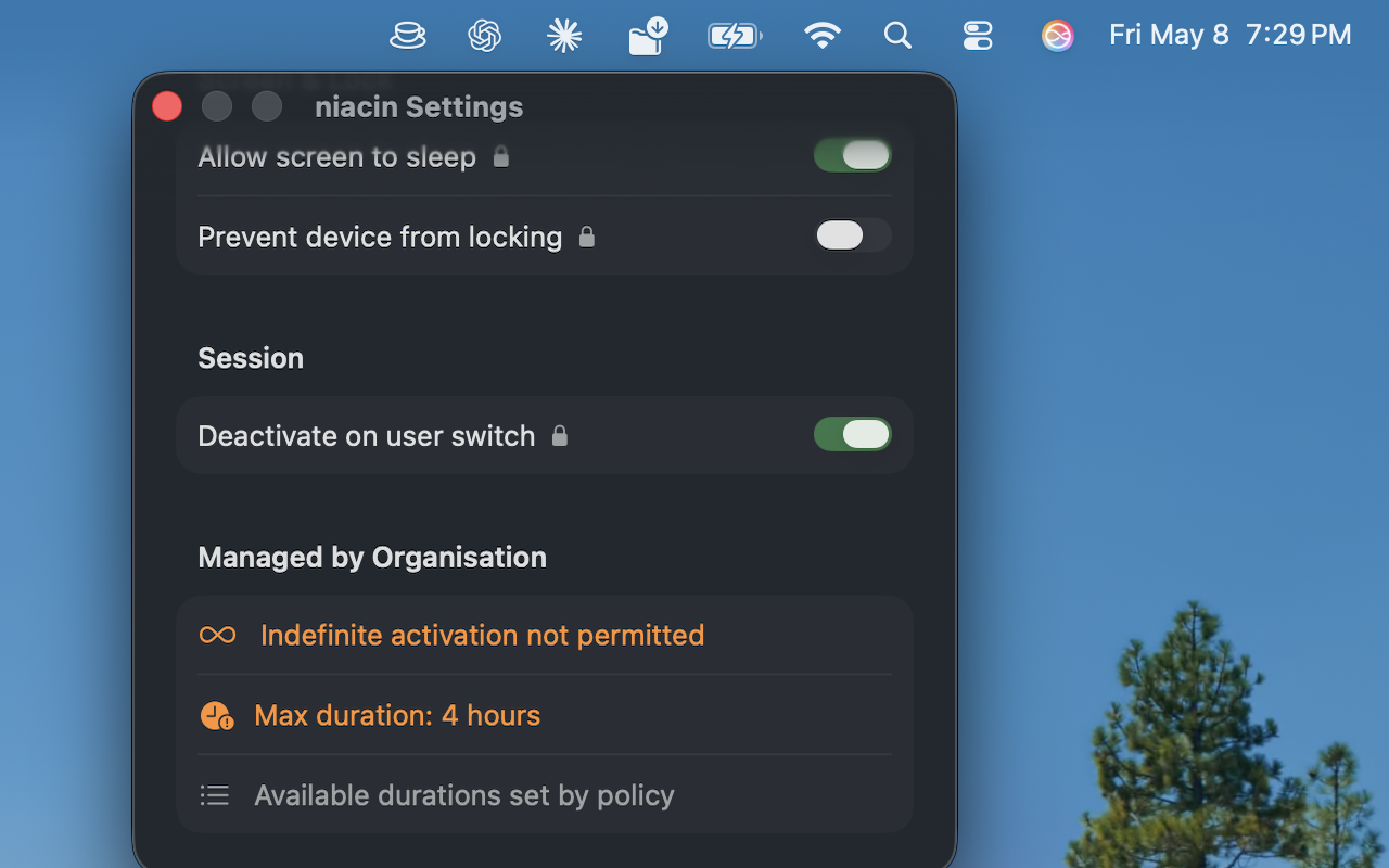 Settings window highlighting a Managed by Organisation section listing IT-enforced constraints.